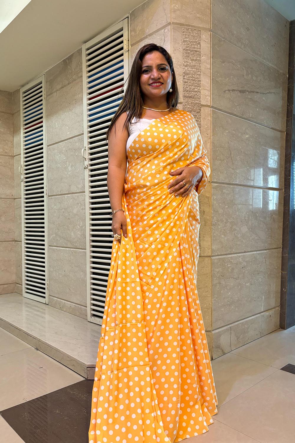 Stylish Yellow Digital Printed Crepe Polka Dot Saree - Luxurion World