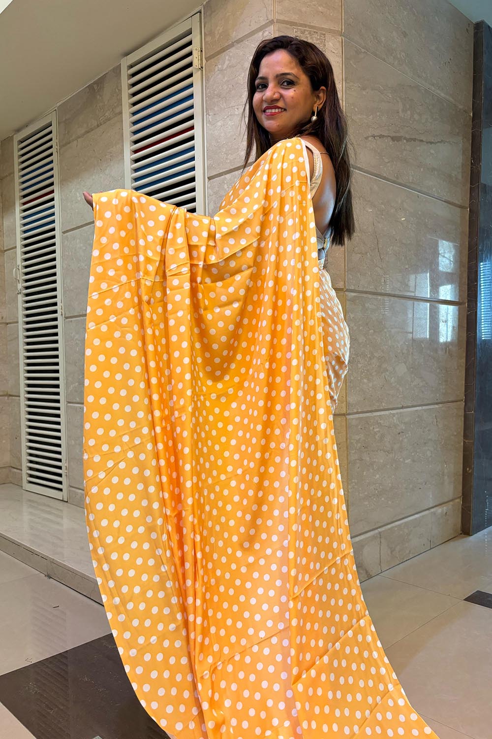 Stylish Yellow Digital Printed Crepe Polka Dot Saree - Luxurion World