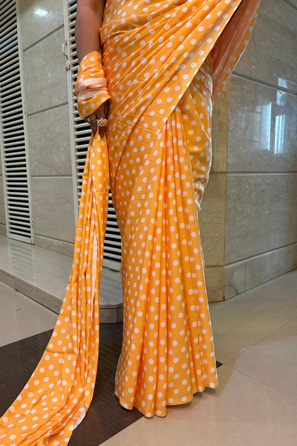 Stylish Yellow Digital Printed Crepe Polka Dot Saree - Luxurion World