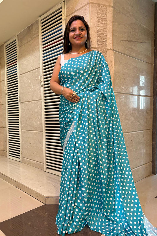 Stylish Blue Digital Printed Crepe Polka Dot Saree - Luxurion World