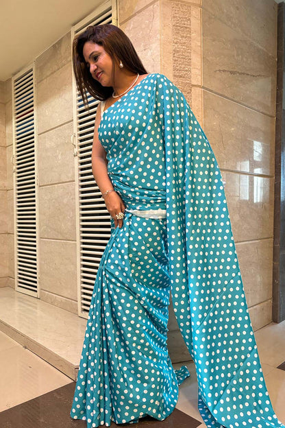Stylish Blue Digital Printed Crepe Polka Dot Saree - Luxurion World