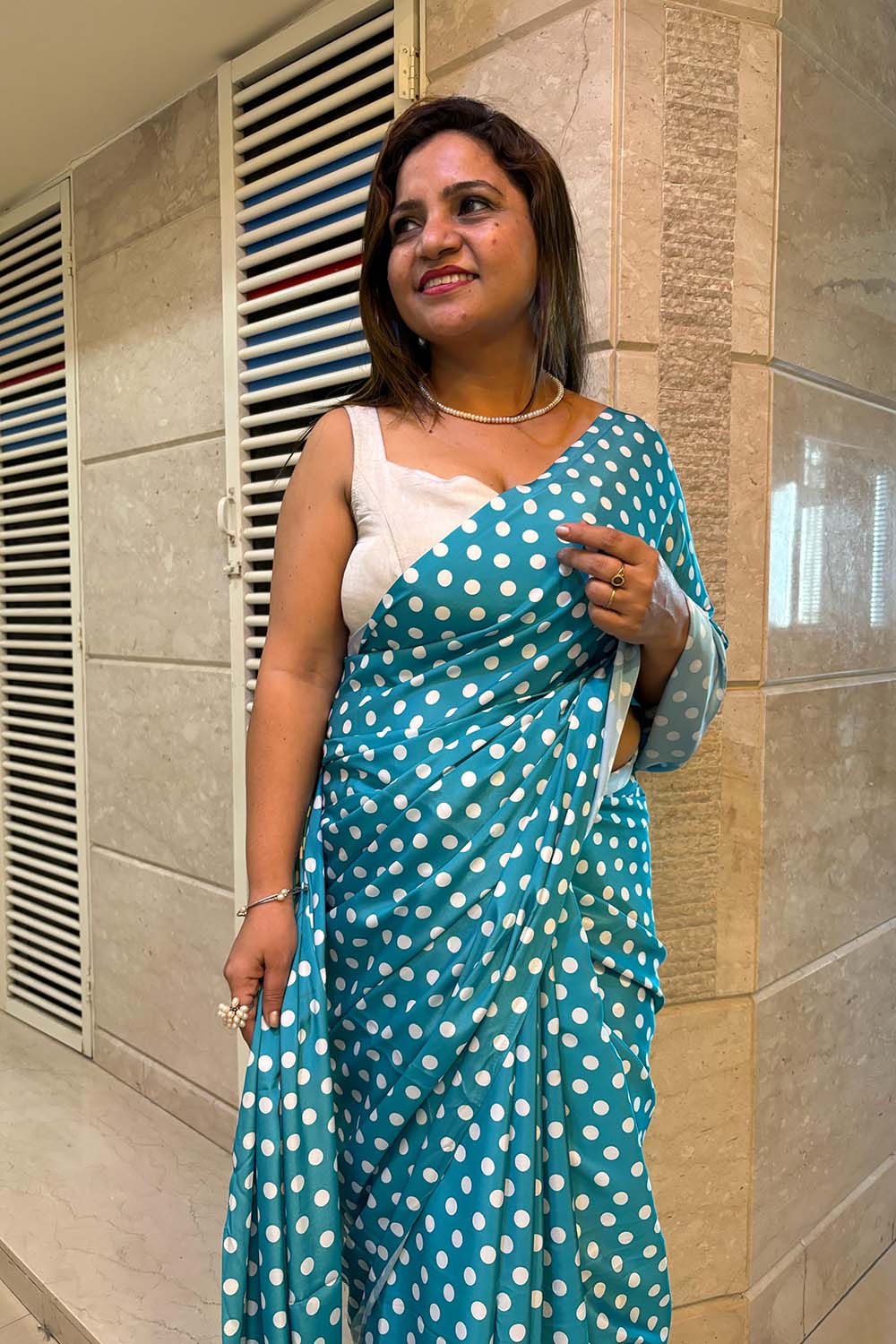 Stylish Blue Digital Printed Crepe Polka Dot Saree - Luxurion World