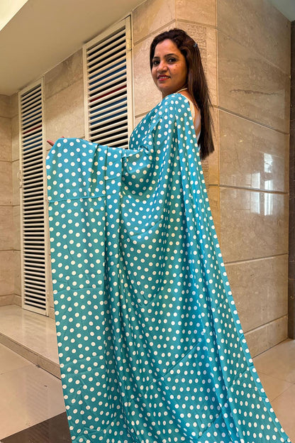 Stylish Blue Digital Printed Crepe Polka Dot Saree - Luxurion World