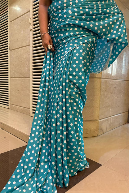 Stylish Blue Digital Printed Crepe Polka Dot Saree - Luxurion World