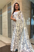 White Digital Printed Japan Satin Saree - Luxurion World