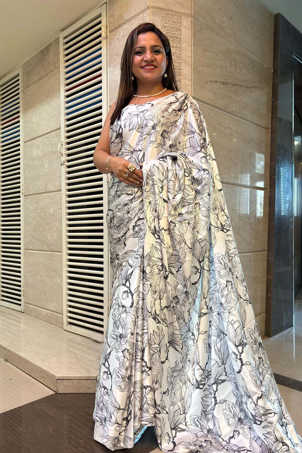 White Digital Printed Japan Satin Saree - Luxurion World