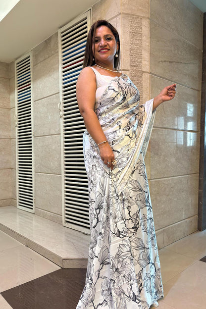 White Digital Printed Japan Satin Saree - Luxurion World