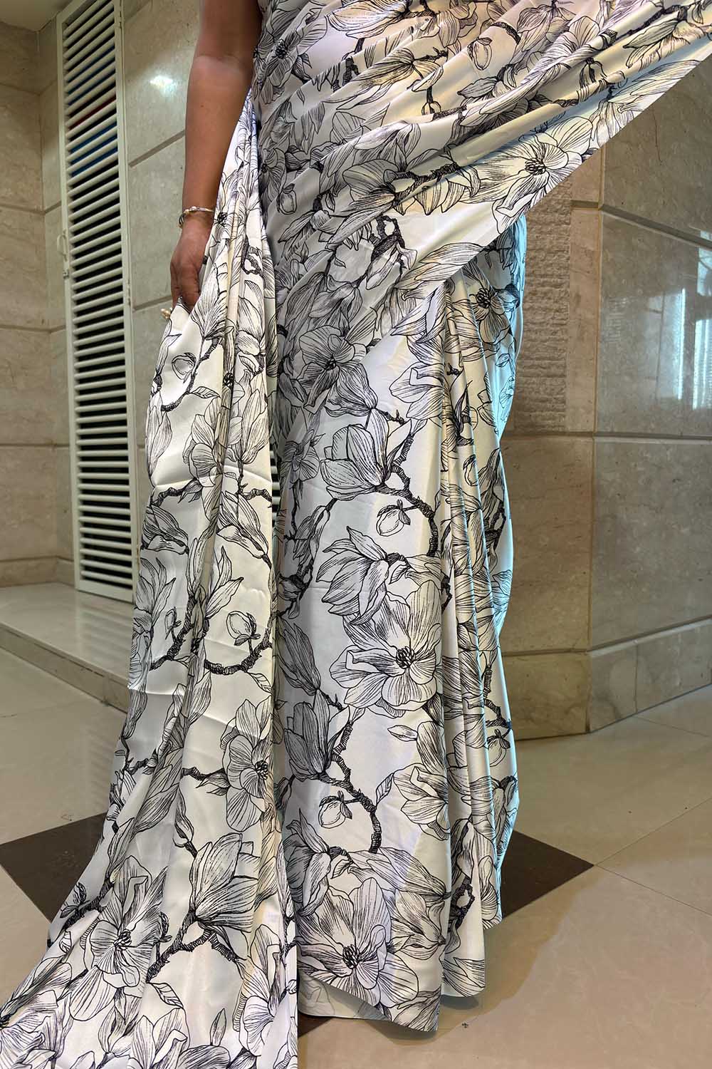 White Digital Printed Japan Satin Saree - Luxurion World