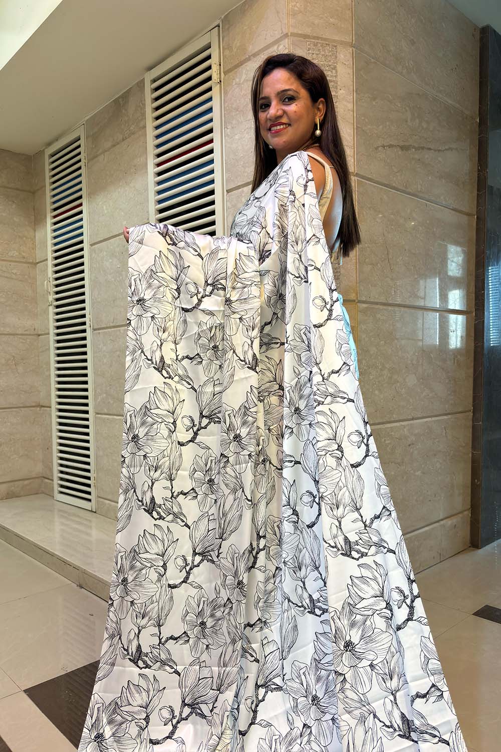 White Digital Printed Japan Satin Saree - Luxurion World