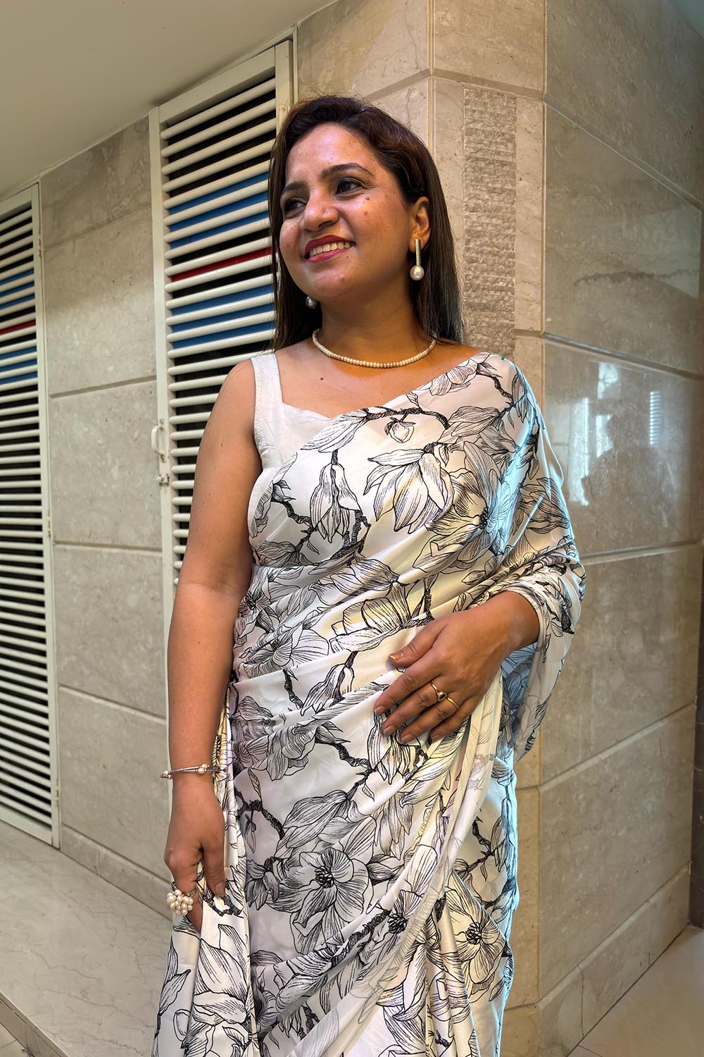 White Digital Printed Japan Satin Saree - Luxurion World