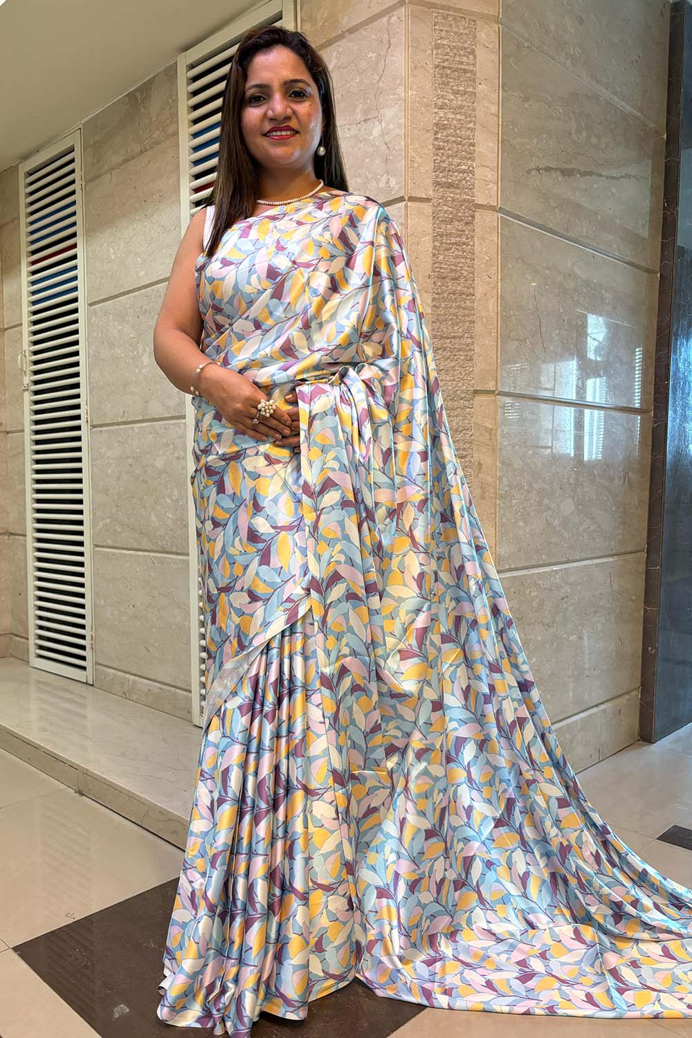 Multicolor Digital Printed Japan Satin Saree - Luxurion World