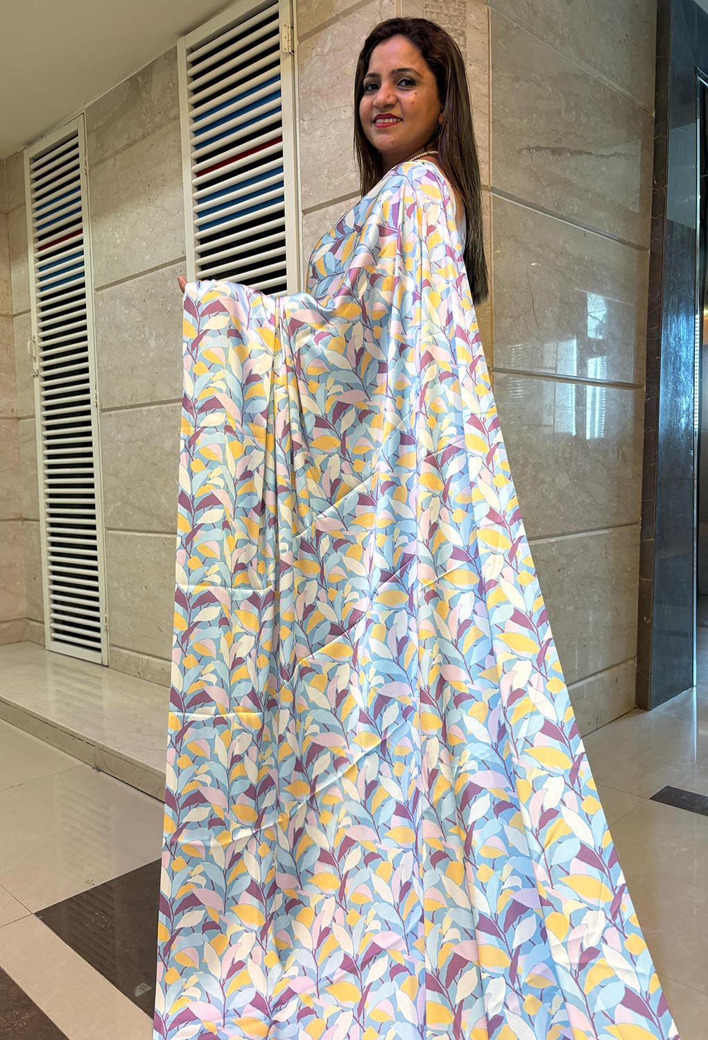 Multicolor Digital Printed Japan Satin Saree - Luxurion World