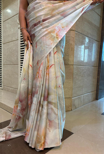 Multicolor Digital Printed Chinon Saree - Luxurion World