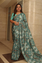 Beautiful Blue Digital Printed Crepe Saree - Luxurion World
