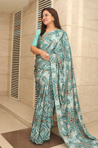 Beautiful Blue Digital Printed Crepe Saree - Luxurion World