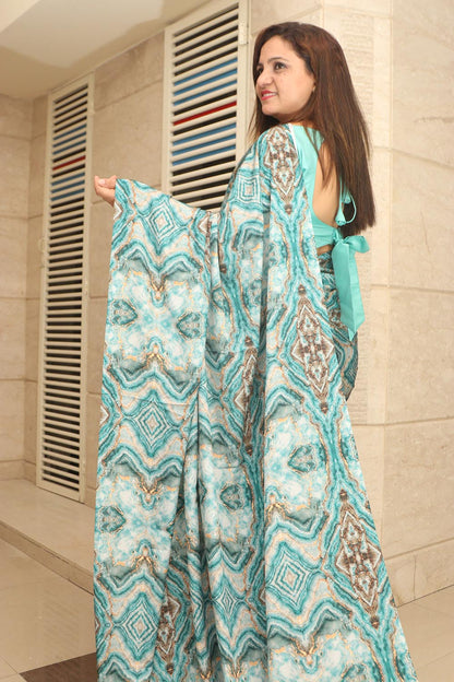 Beautiful Blue Digital Printed Crepe Saree - Luxurion World