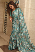 Beautiful Blue Digital Printed Crepe Saree - Luxurion World