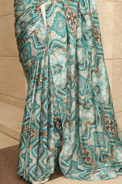 Beautiful Blue Digital Printed Crepe Saree - Luxurion World