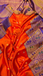 Handloom Gadwal Pure Silk Saree in Vibrant Orange - Luxurion World