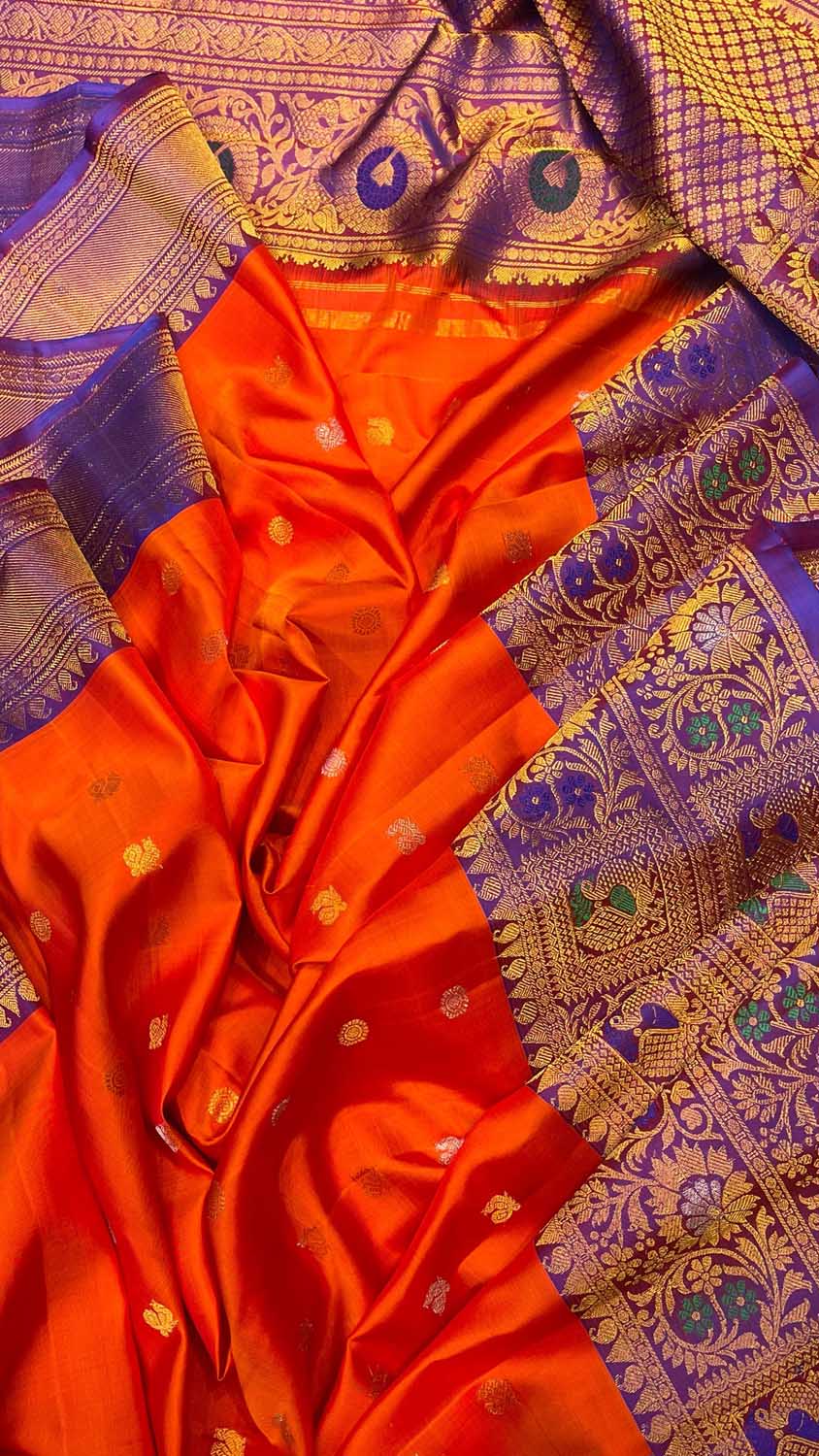 Handloom Gadwal Pure Silk Saree in Vibrant Orange - Luxurion World