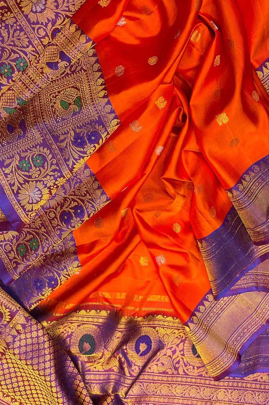 Handloom Gadwal Pure Silk Saree in Vibrant Orange - Luxurion World