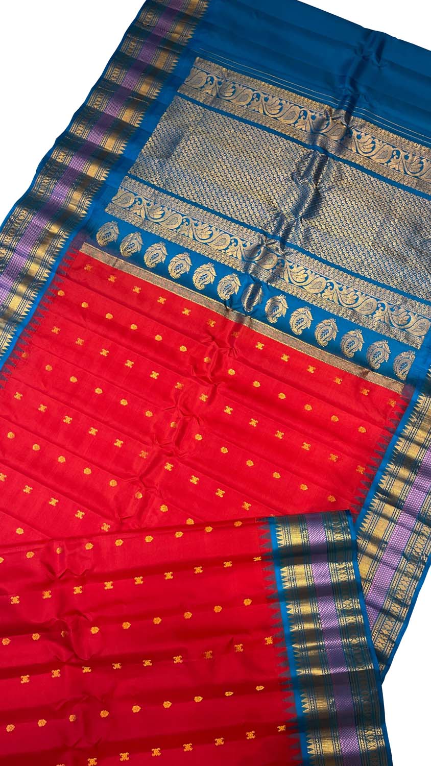 Red Gadwal Handloom Pure Silk Saree - Luxurion World