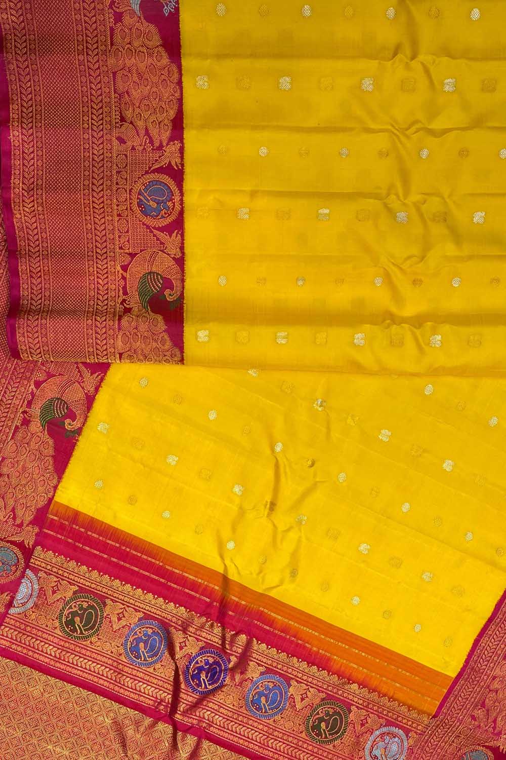 Stunning Yellow Gadwal Silk Saree - Handloom Beauty - Luxurion World