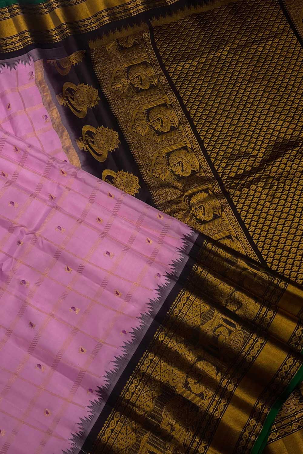Handloom Gadwal Silk Saree with Pink Checks Design - Luxurion World
