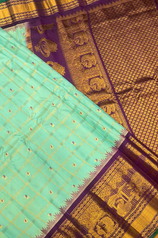 Blue Handloom Gadwal Silk Checks Saree - Luxurion World