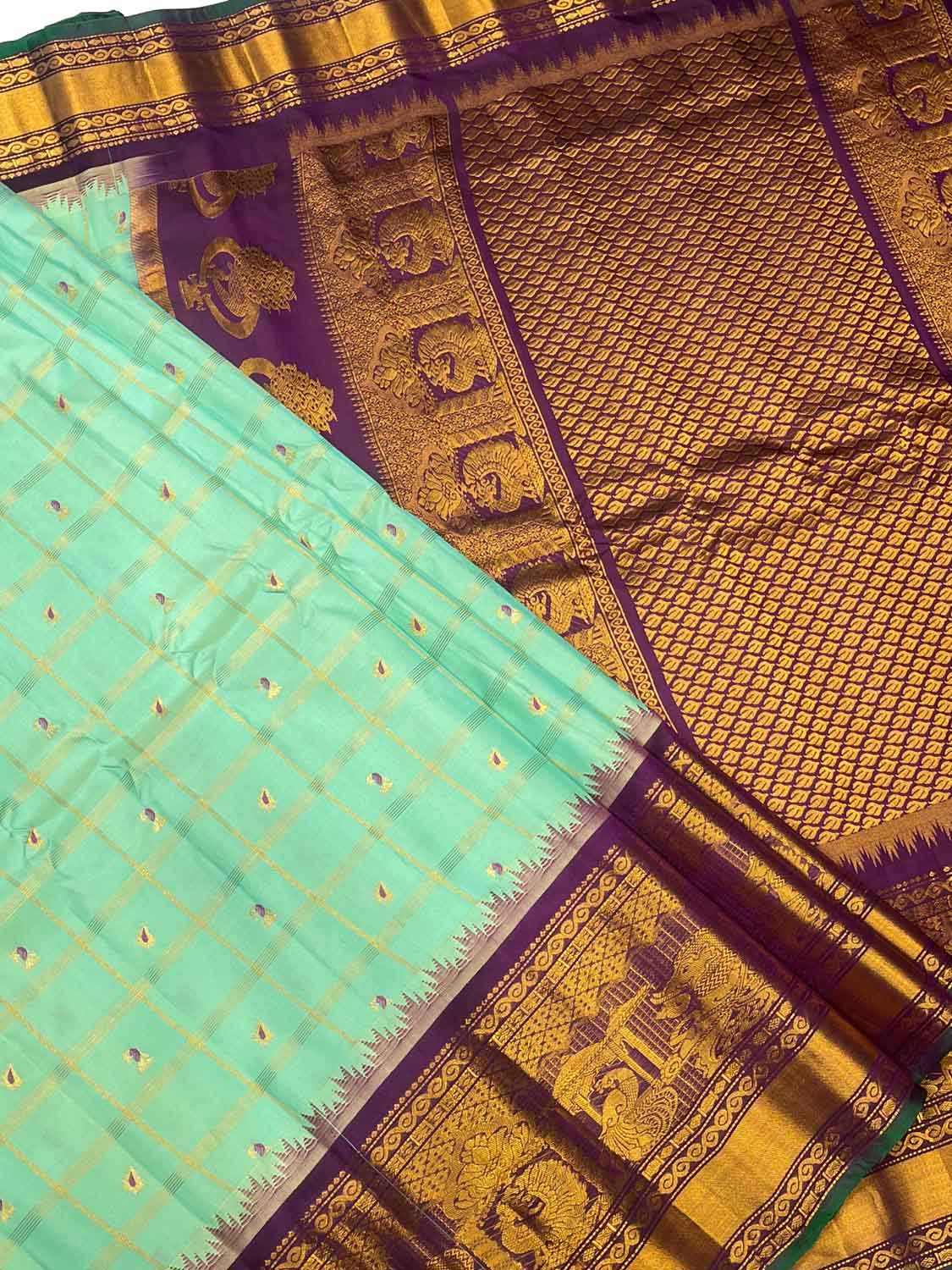 Blue Handloom Gadwal Silk Checks Saree - Luxurion World