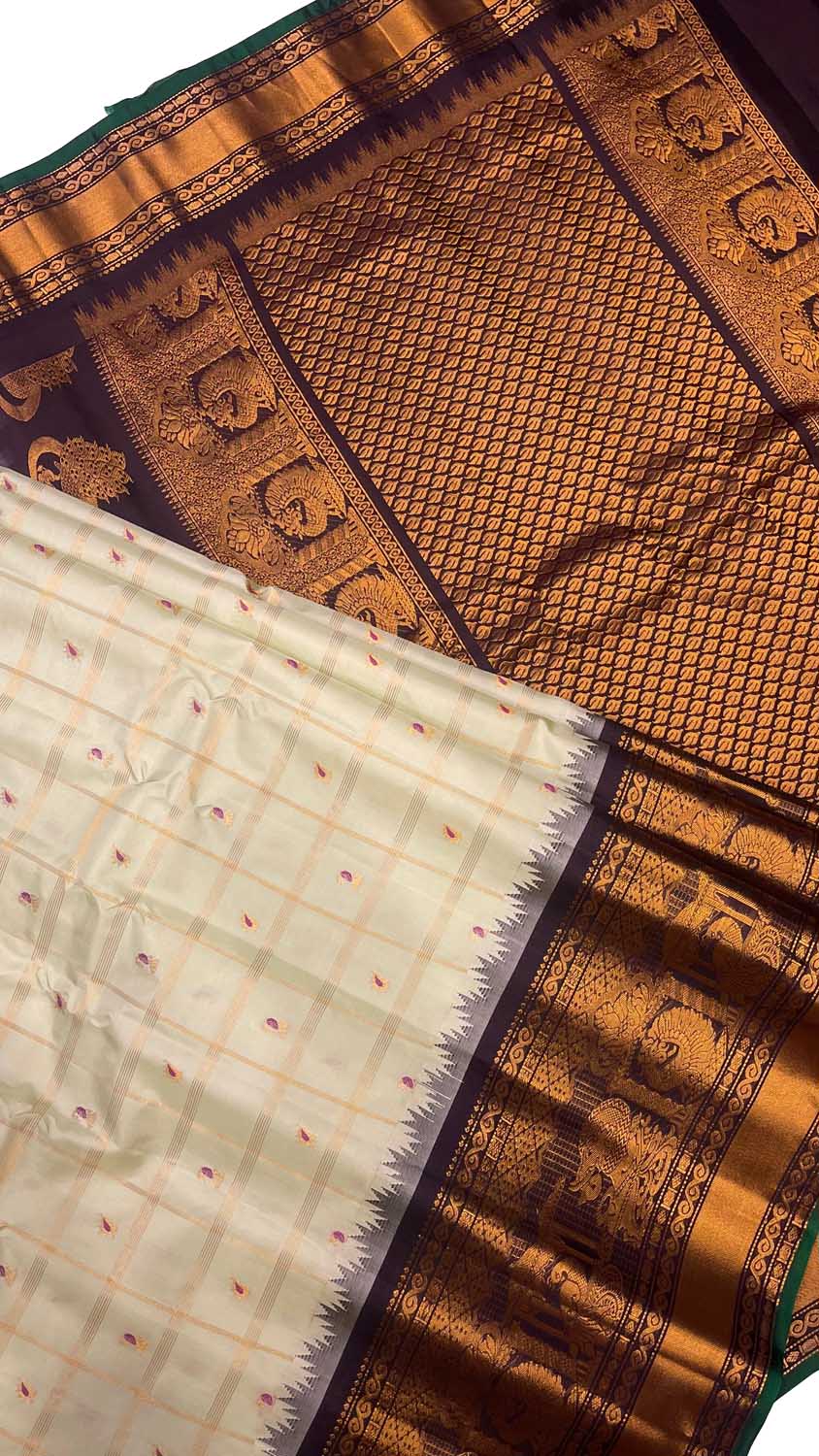 Handloom Gadwal Silk Checks Saree - Elegant White Design - Luxurion World
