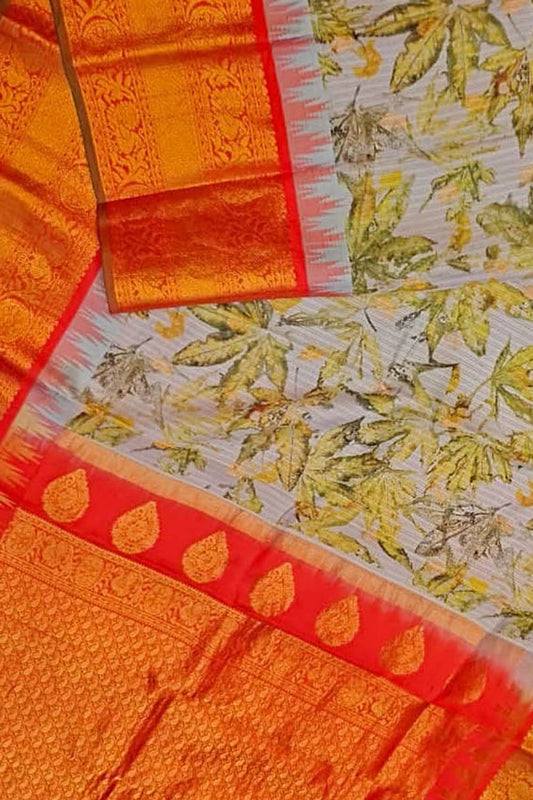 Pastel Pure Silk Gadwal Handloom Eco Printed Leaf Design Saree - Luxurion World