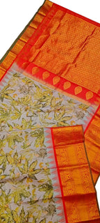 Pastel Pure Silk Gadwal Handloom Eco Printed Leaf Design Saree - Luxurion World
