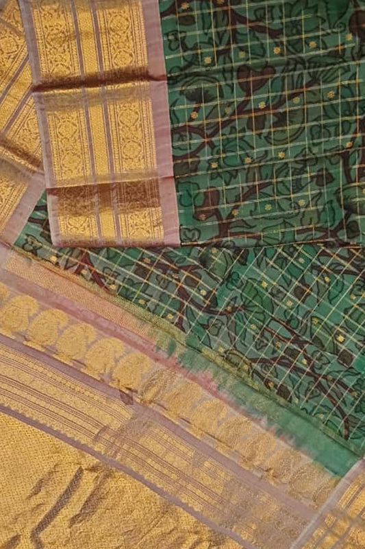 Green Pure Silk Gadwal Handloom Eco Printed Checks Design Saree - Luxurion World