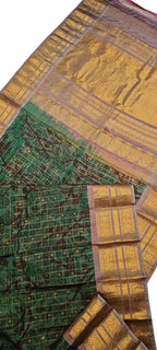 Green Pure Silk Gadwal Handloom Eco Printed Checks Design Saree - Luxurion World