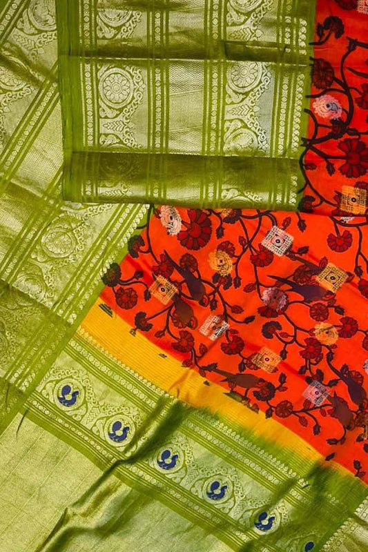 Orange Pure Silk Gadwal Handloom Eco Printed Bird And Flower Design Saree - Luxurion World