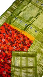 Orange Pure Silk Gadwal Handloom Eco Printed Bird And Flower Design Saree - Luxurion World