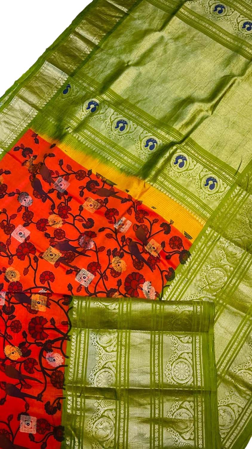 Orange Pure Silk Gadwal Handloom Eco Printed Bird And Flower Design Saree - Luxurion World