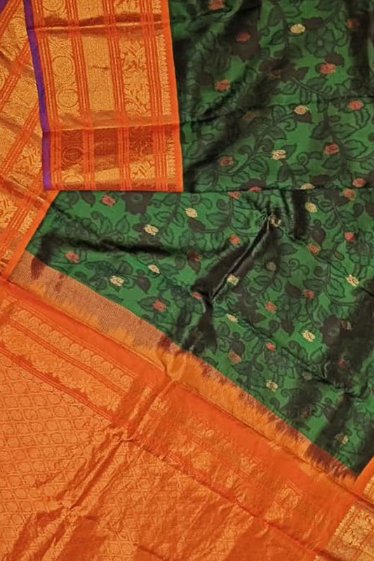 Green And Orange Pure Silk Gadwal Handloom Eco Printed Saree - Luxurion World