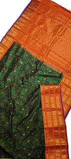 Green And Orange Pure Silk Gadwal Handloom Eco Printed Saree - Luxurion World