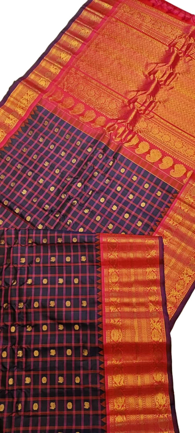 Purple Pure Gadwal Silk Saree with Kanjeevaram Border - Luxurion World