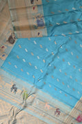 Blue Gadwal Pure Silk Saree — Checks & Zari Border, Festive