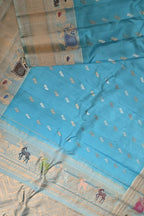 Blue Gadwal Pure Silk Saree — Checks & Zari Border, Festive