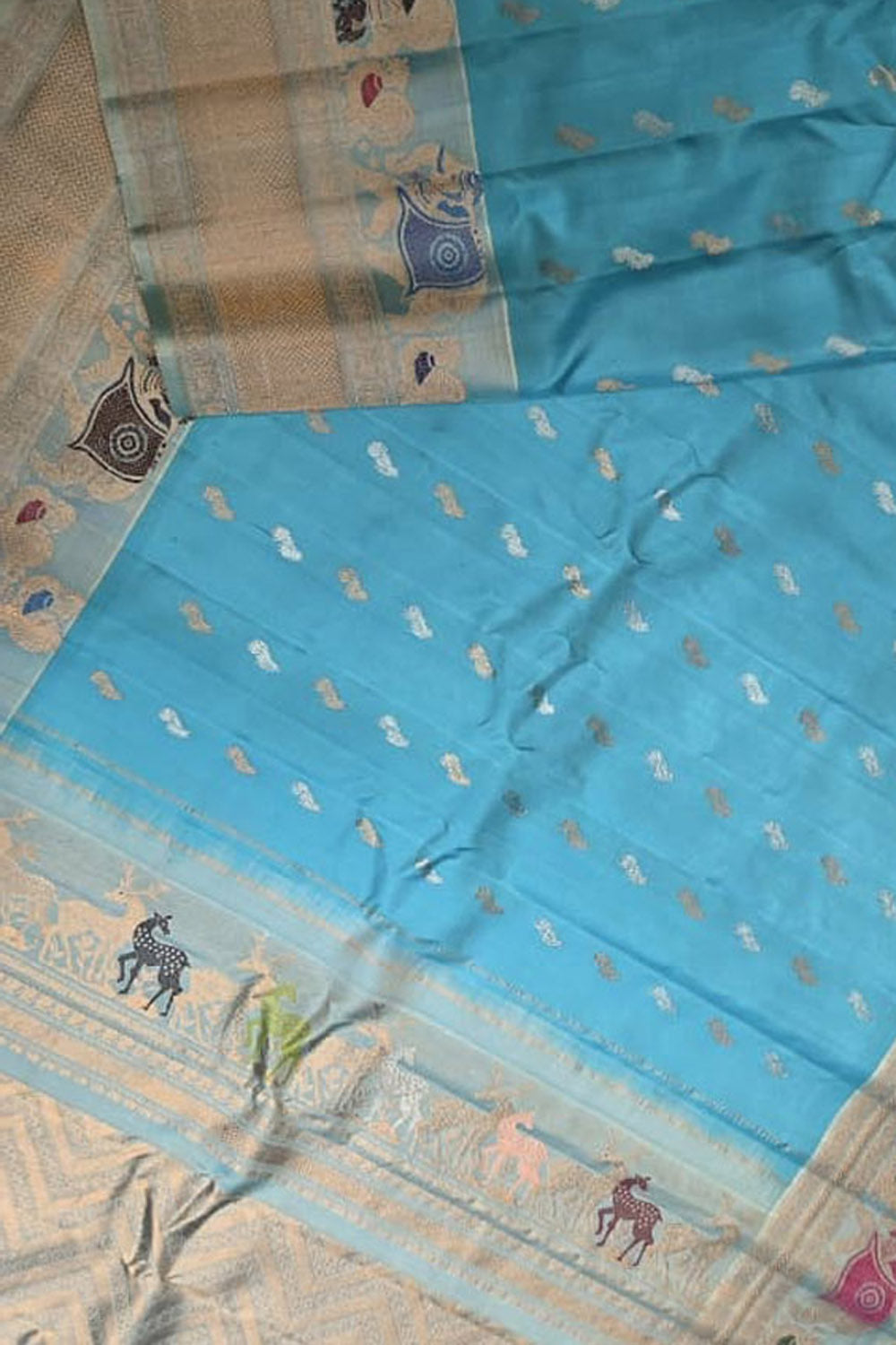 Blue Gadwal Pure Silk Saree — Checks & Zari Border, Festive