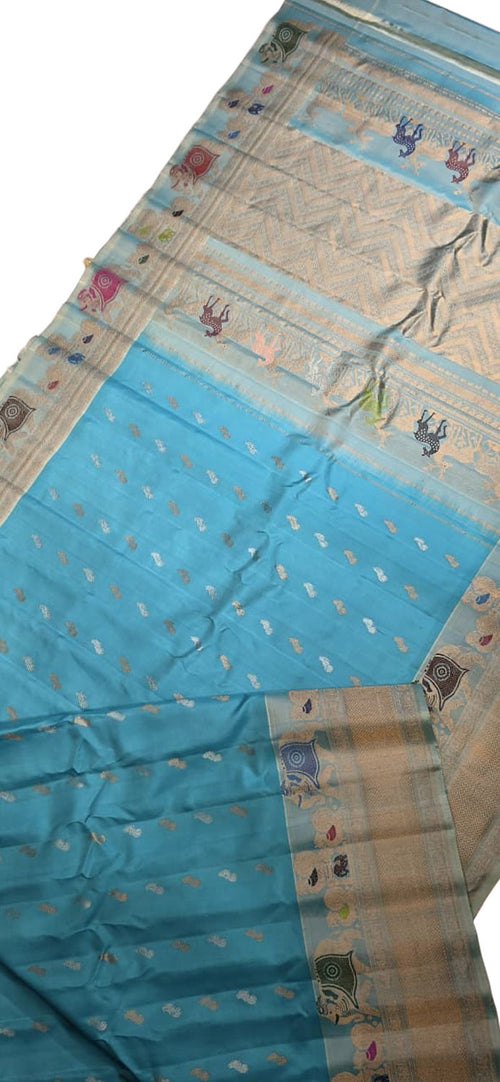 Blue Gadwal Pure Silk Saree — Checks & Zari Border, Festive