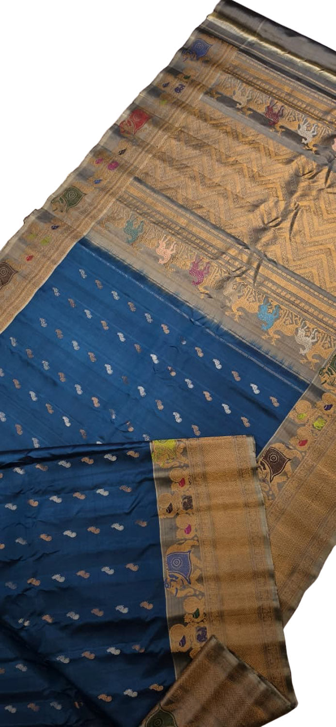 Blue Gadwal Pure Silk Saree — Korvai Pallu & Zari, Reception