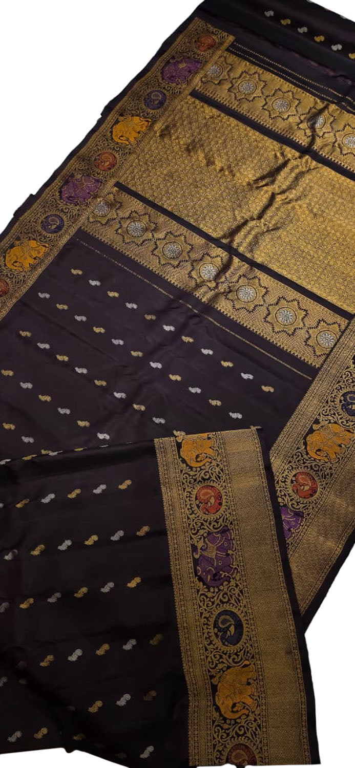 Black Gadwal Pure Silk Saree — Gold Zari Border, Formal Festive