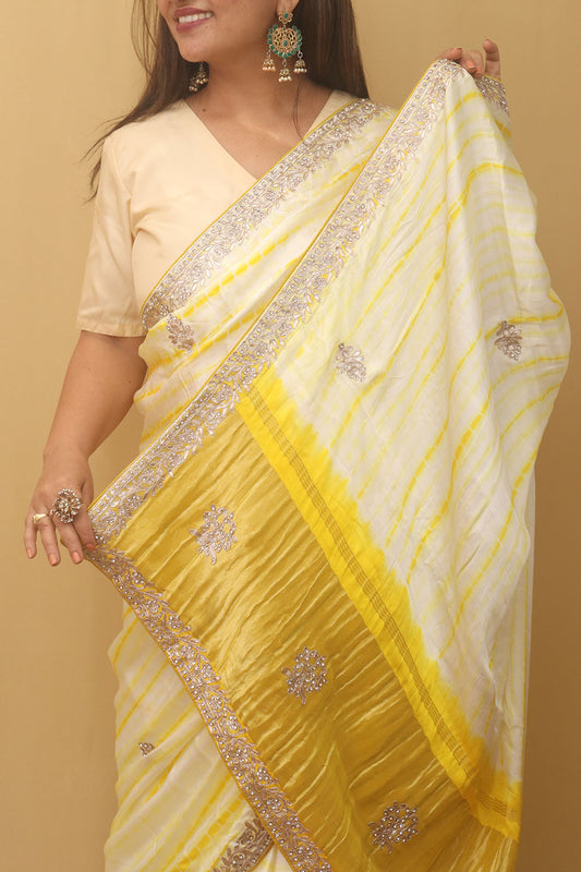 Off White And Yellow Hand Gota Patti And Zarkan Work Pure Gajji Silk Shibori Saree - Luxurion World