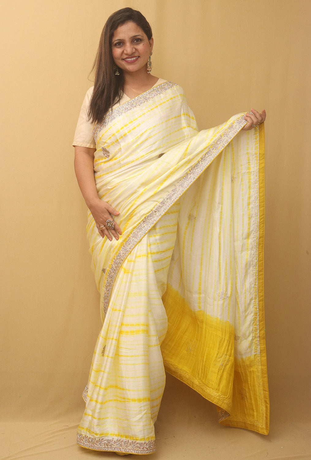 Off White And Yellow Hand Gota Patti And Zarkan Work Pure Gajji Silk Shibori Saree - Luxurion World