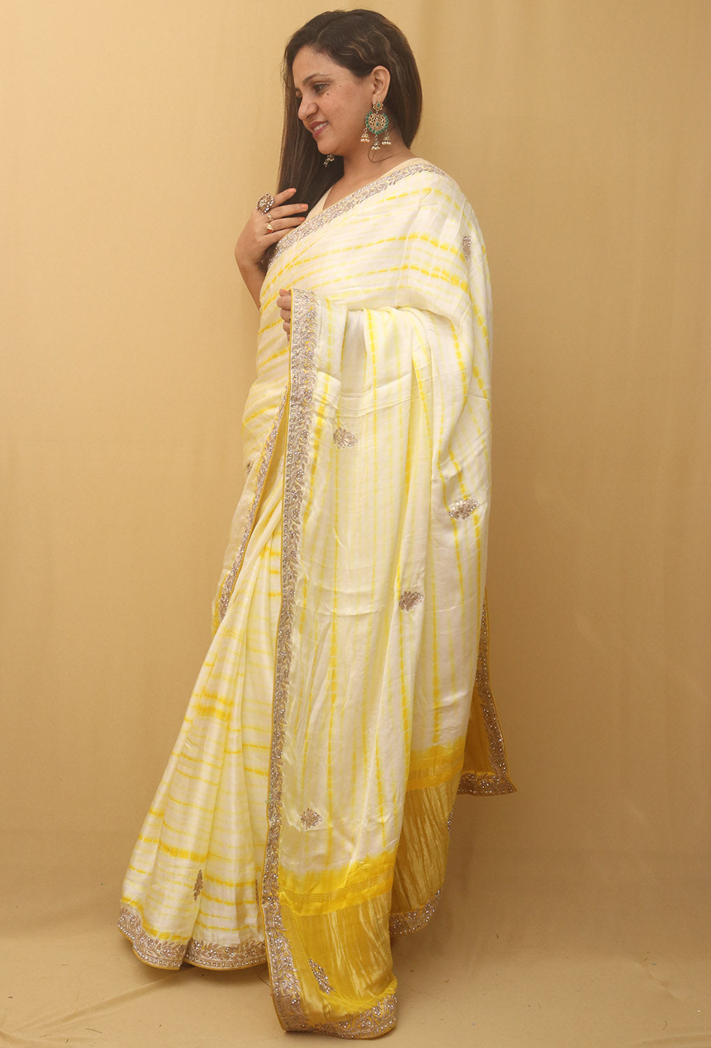 Off White And Yellow Hand Gota Patti And Zarkan Work Pure Gajji Silk Shibori Saree - Luxurion World